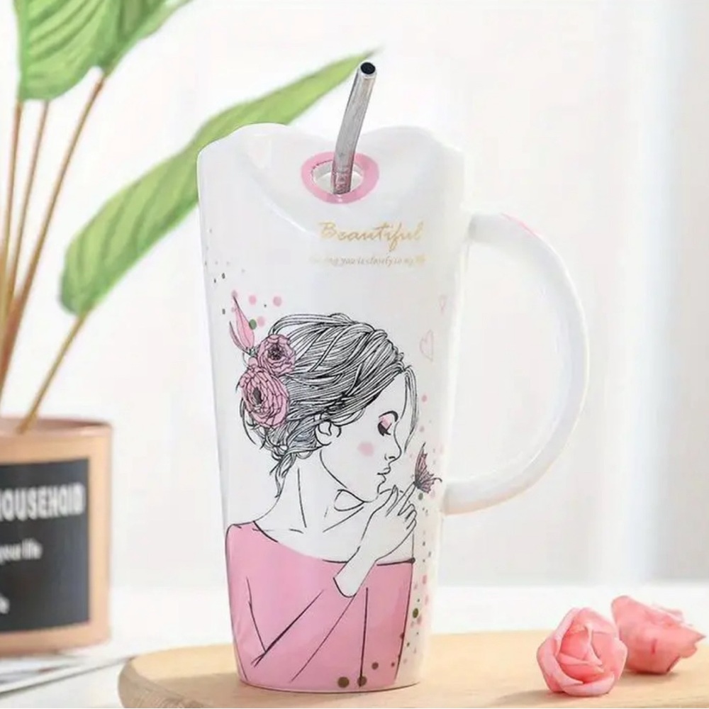 1pc Cute Girl Ceramic Cup 15.22oz Porcelain Coffee Mug With Straw